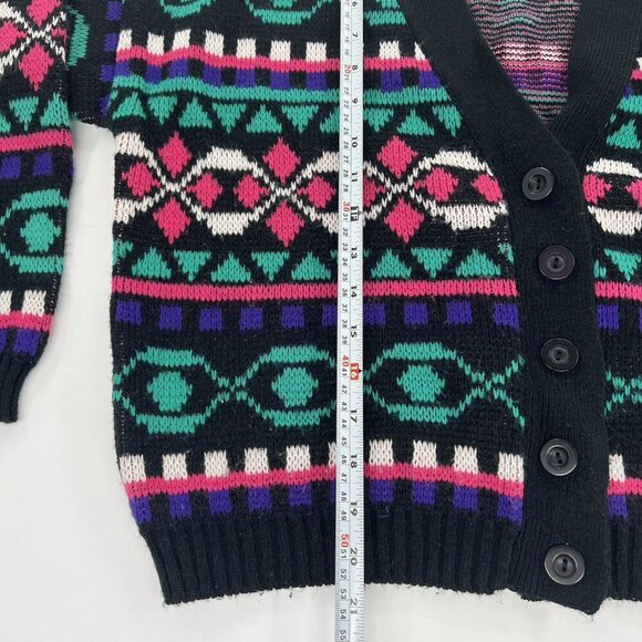 Cardigan Sweater Colorful Geometric Acrylic V Neck Button Up 80s 90s Size Medium - Picture 6 of 9